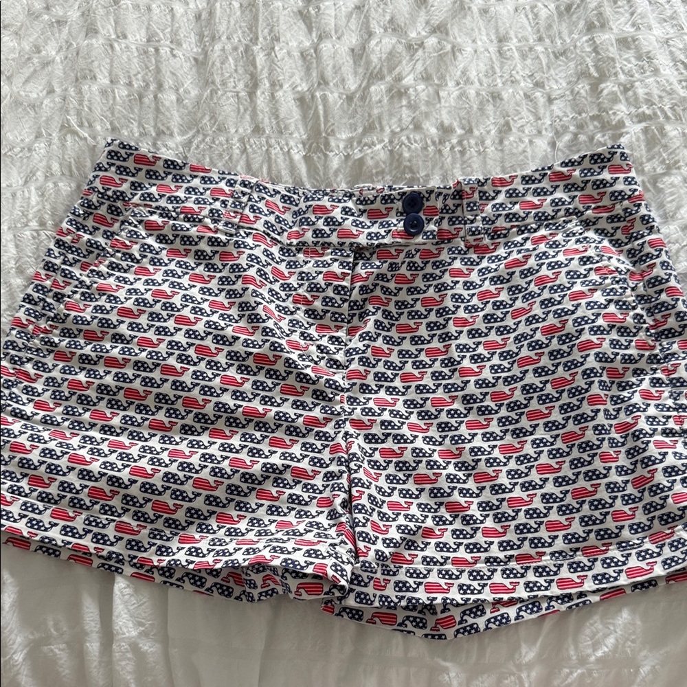 Vineyard Vines White Navy & Red Whale Print Jean Shorts